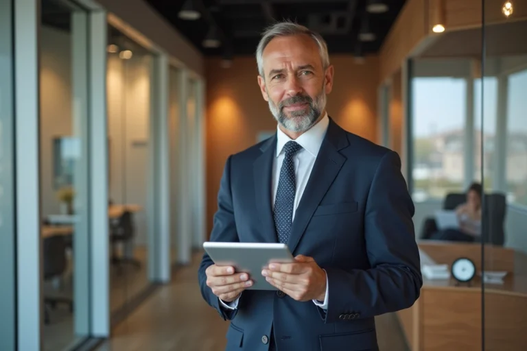 Homme d'âge moyen en costume examine plans immobiliers