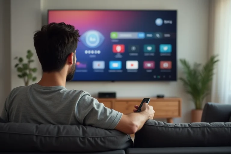Homme utilisant une télécommande Mi TV Stick devant un écran de télévision affichant un guide des chaînes