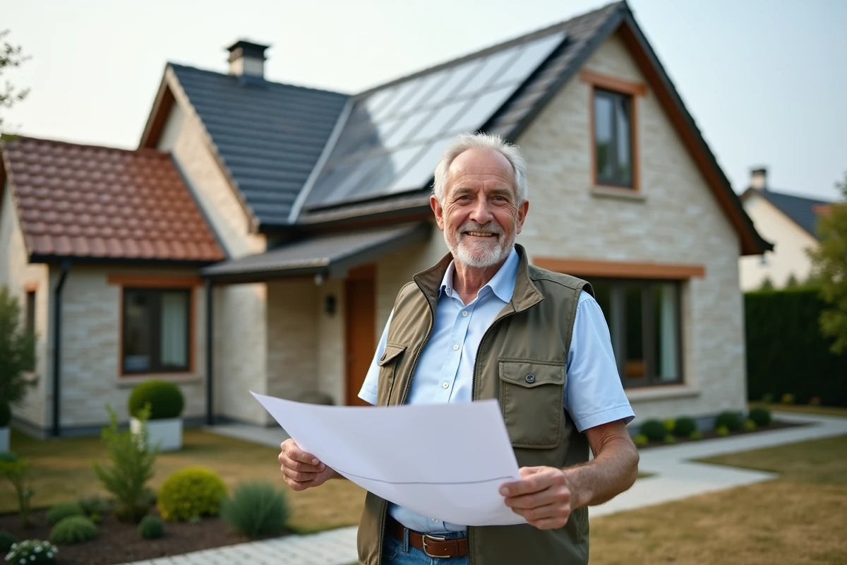 Homme avec plans devant sa maison rénovée en extérieur