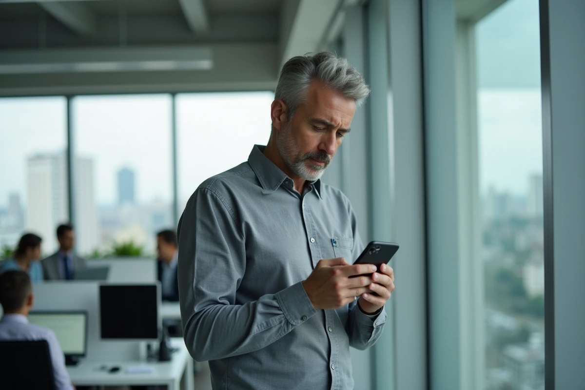 Homme vérifiant le coût d'un numéro surtaxé 0891 sur son smartphone au bureau