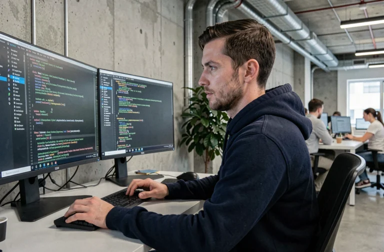 Ingénieur informatique analysant des fichiers logs sur deux écrans dans un bureau moderne