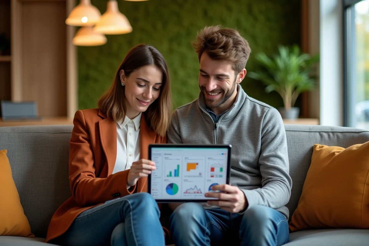 Deux jeunes professionnels du numérique analysant un tableau de bord d'analytics sur tablette dans un espace lounge d'un hub technologique