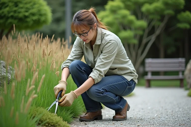 Femme d'âge moyen taillant des plantes japonaises dans un jardin