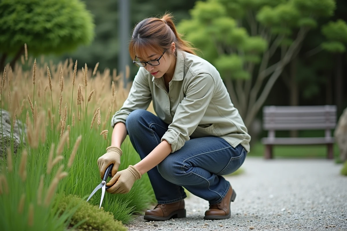 Femme d'âge moyen taillant des plantes japonaises dans un jardin