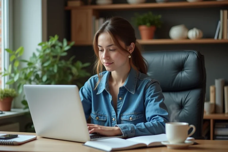 Jeune femme travaillant sur son ordinateur dans un bureau à domicile