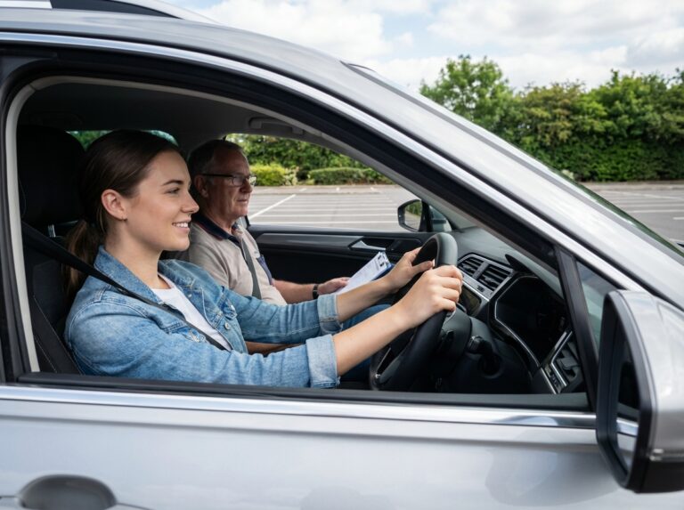 Jeune femme en conduite avec instructeur dans un parking
