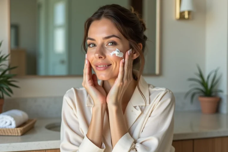 Jeune femme appliquant une creme visage avec confiance