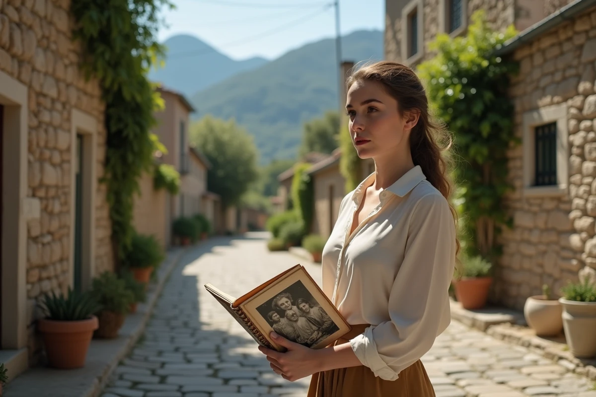 Jeune femme regardant une photo de famille devant une maison ancienne