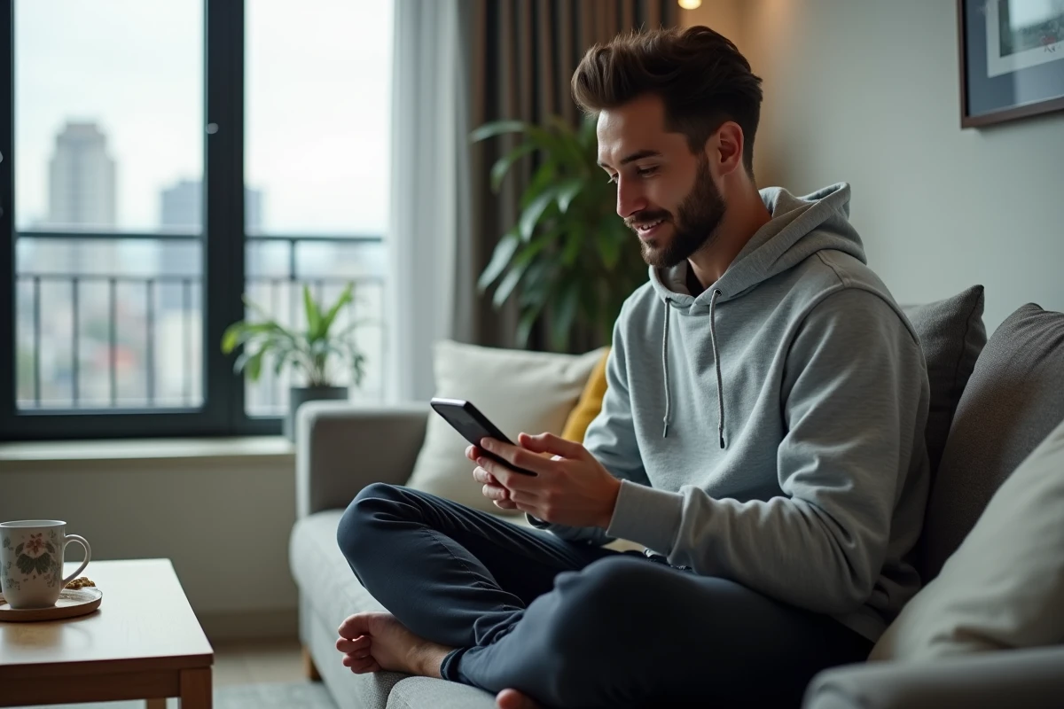 Jeune homme consultant une application de revenus en ligne sur smartphone dans un appartement urbain
