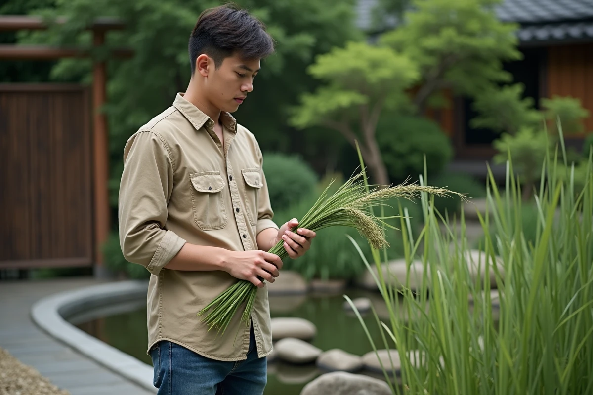 Jeune homme inspectant des tiges de fouet de japonais