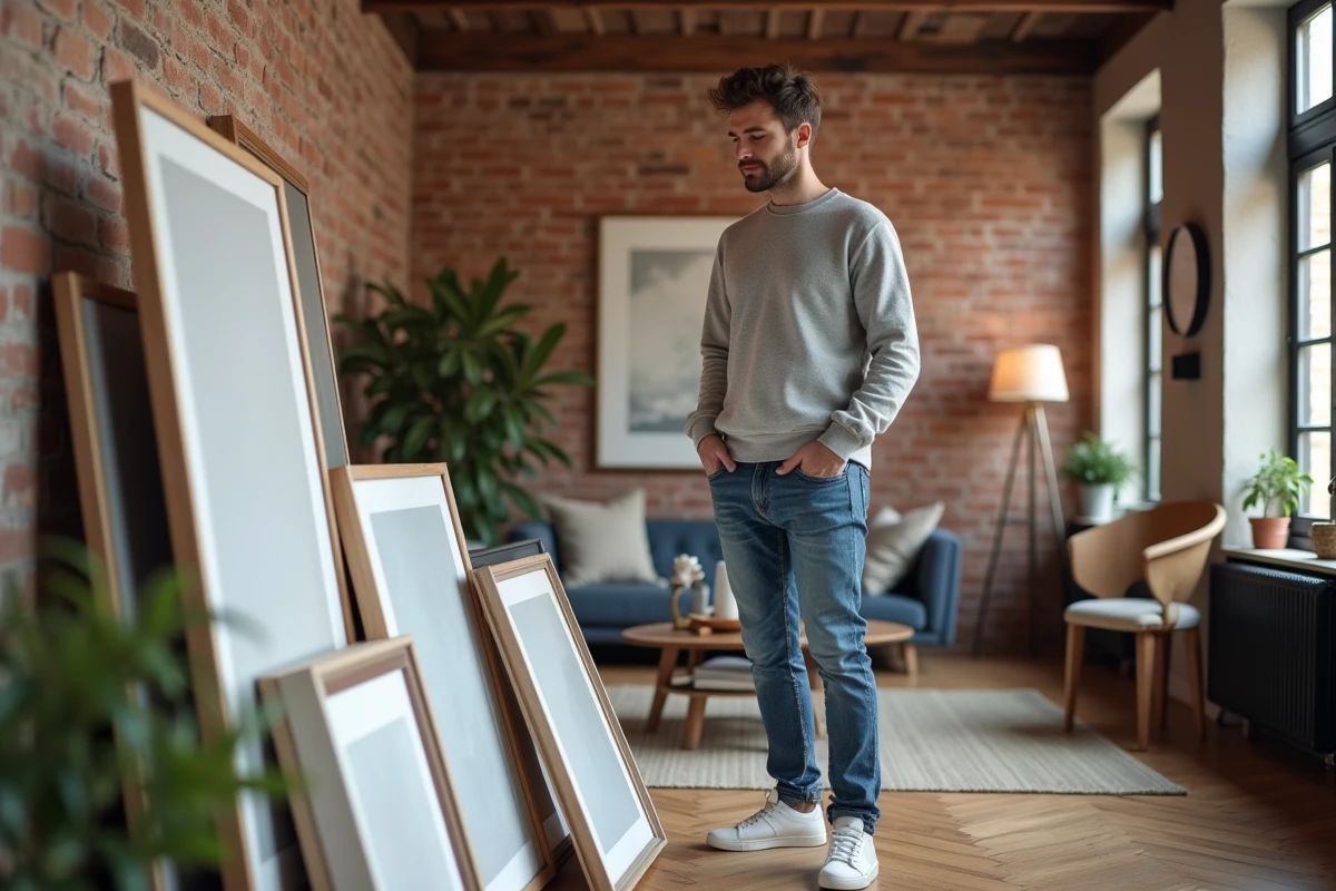 Jeune homme choisissant des œuvres d