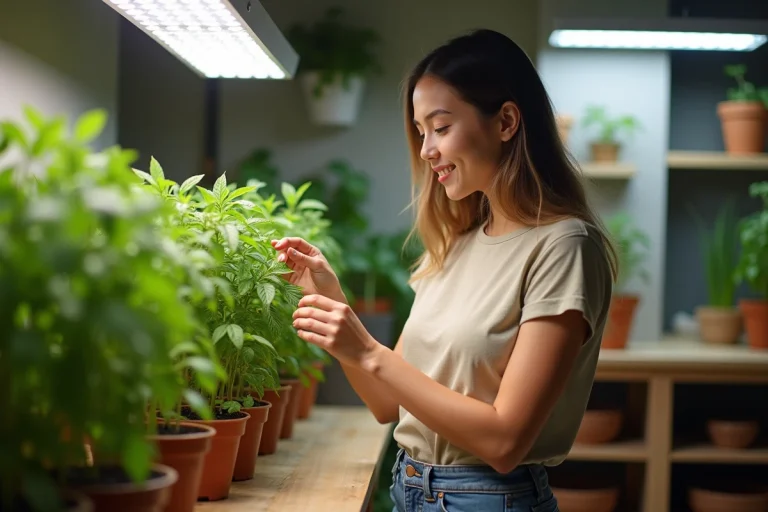 Jeune femme inspectant des plants de tomates en intérieur
