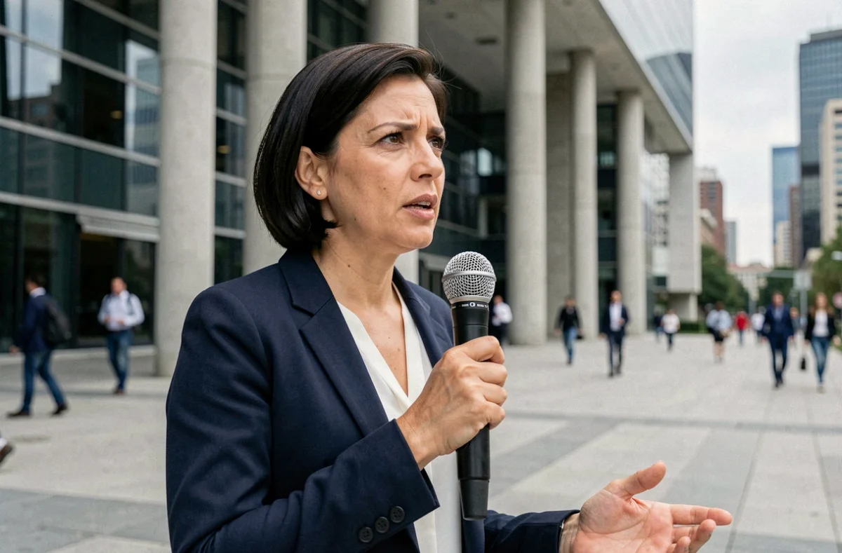 Journaliste en direct devant un bâtiment gouvernemental moderne tenant un microphone pour un reportage d'actualité