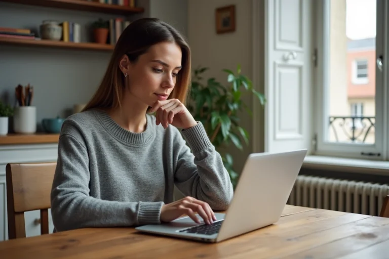 Locataire parisienne consultant les avis sur Locannonces depuis son appartement haussmannien