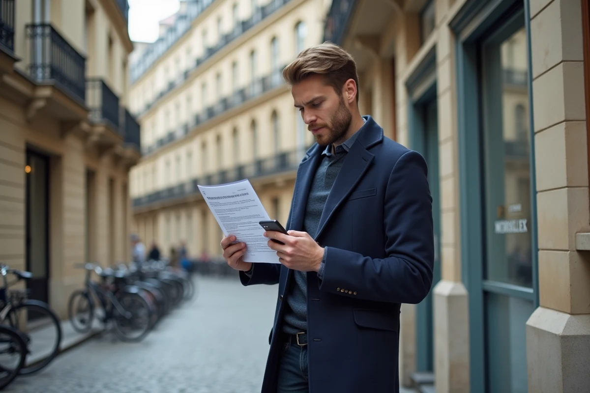 Locataire parisien vérifiant les avis sur une annonce immobilière devant un immeuble typique