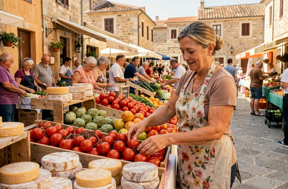 Vendeuse sardinienne arrangeant légumes frais et fromages pecorino sur un étal coloré au marché de Porto Torres en Sardaigne