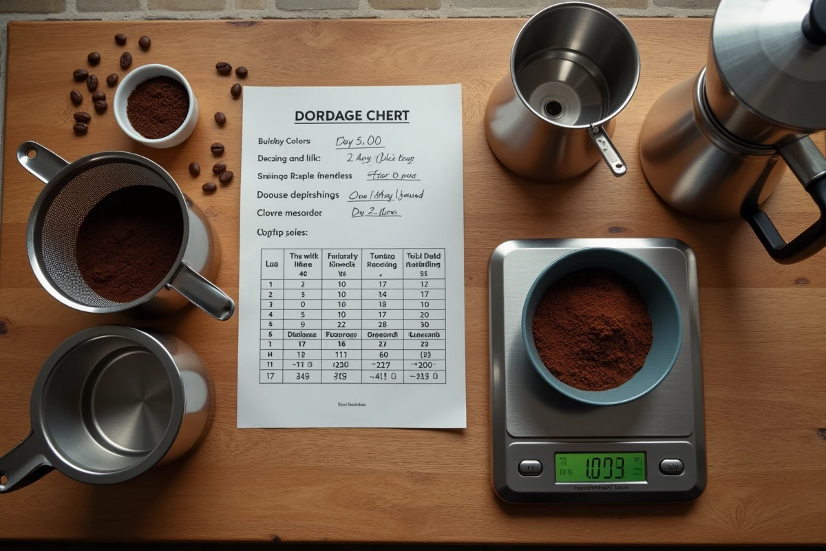 Vue aérienne du dosage de café avec balance numérique et fiche de mesure pour préparer 30 tasses au percolateur