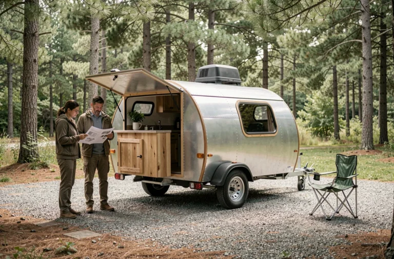 Couple assemblant une mini-caravane teardrop en kit sur un camping forestier avec cuisine extérieure intégrée