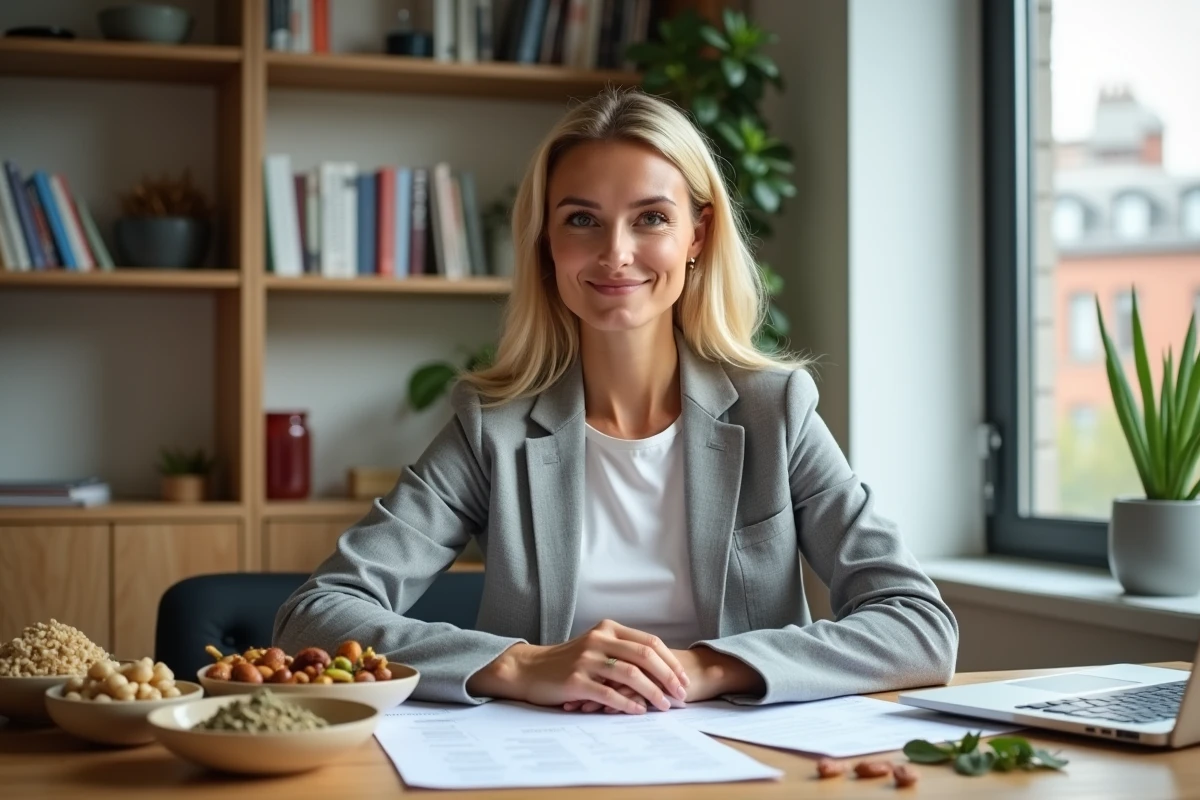 Nutritionniste professionnelle assise à son bureau avec des plans alimentaires et des ingrédients sains dans un cabinet moderne