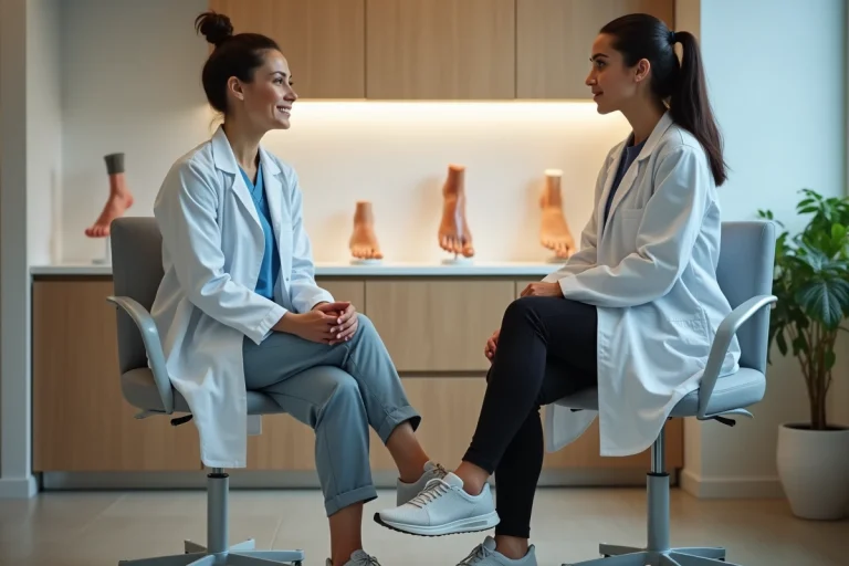 Podologue femme en consultation avec une patiente sportive