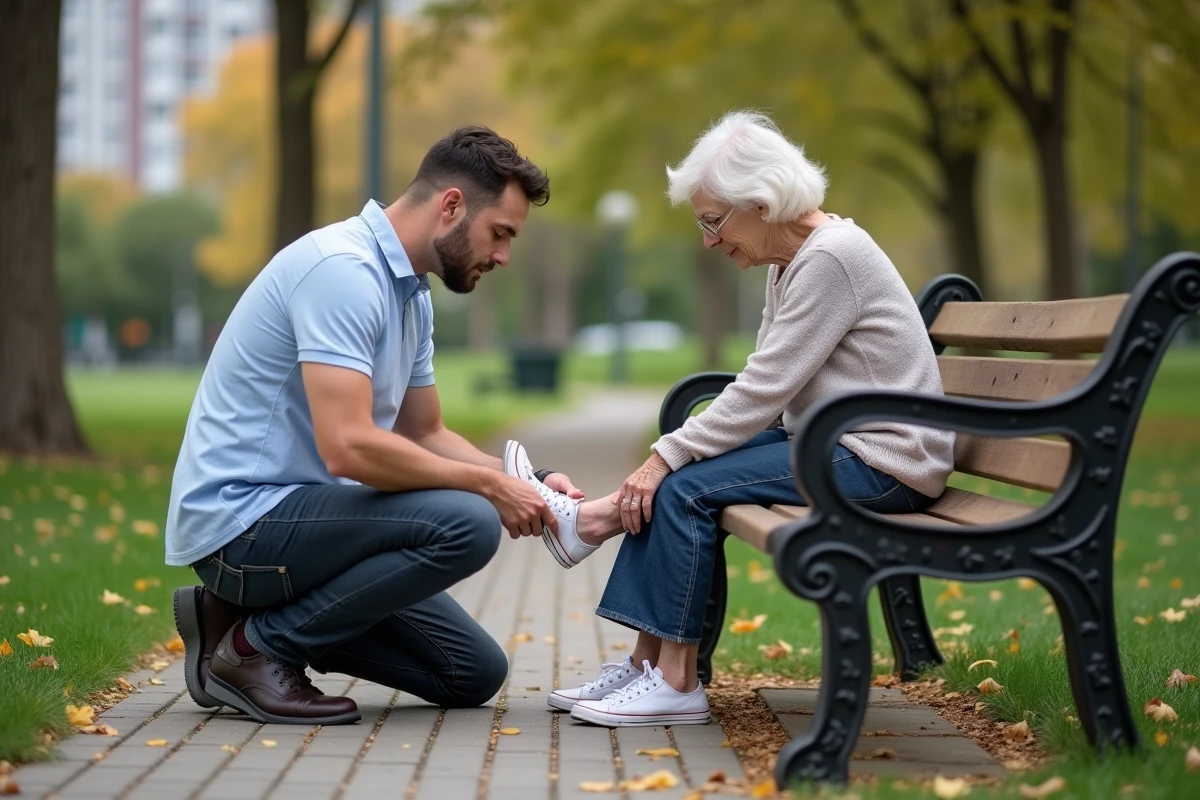 Podologue homme examine des pieds de senior dans un parc