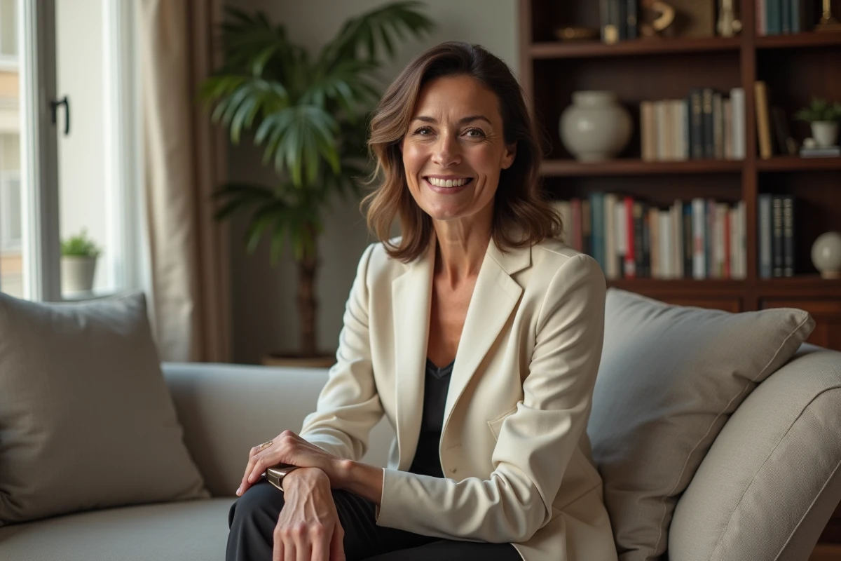 Femme élégante et confiante dans la quarantaine assise dans un appartement parisien raffiné, portrait editorial
