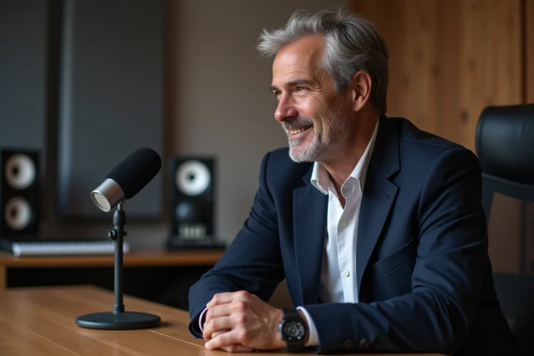 Portrait d'un journaliste radio élégant dans la cinquantaine assis dans un studio moderne, ambiance éditoriale