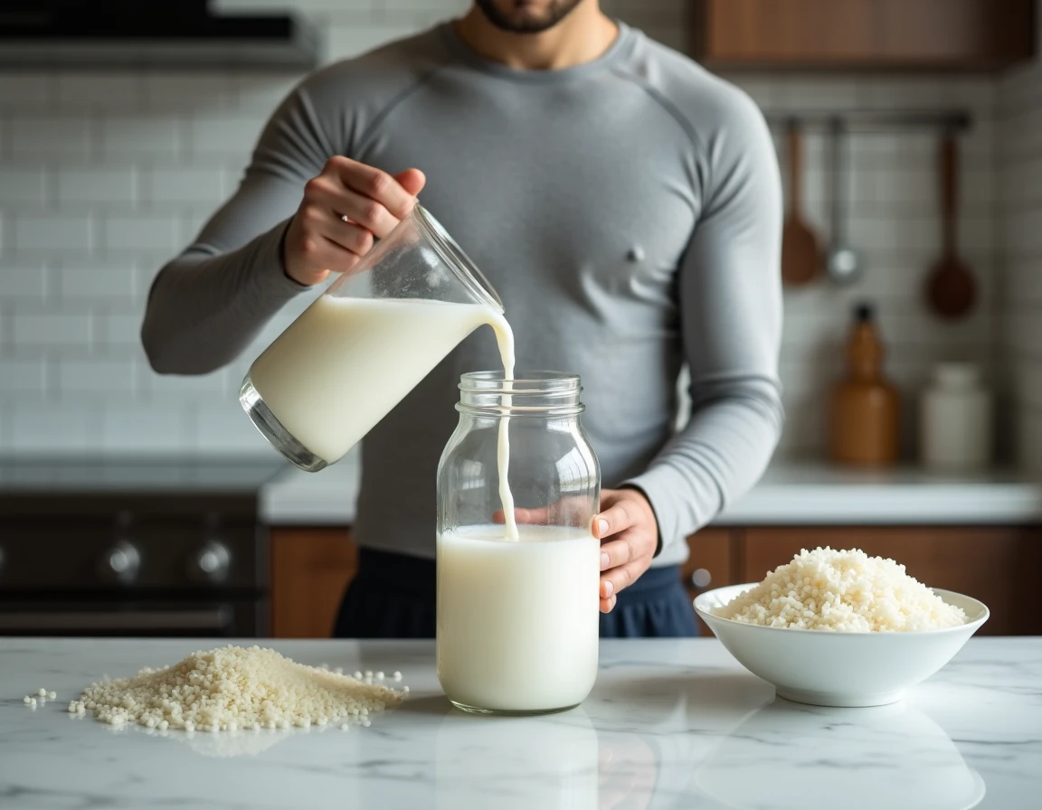 Sportif préparant de l'eau de riz maison dans une cuisine moderne après le sport
