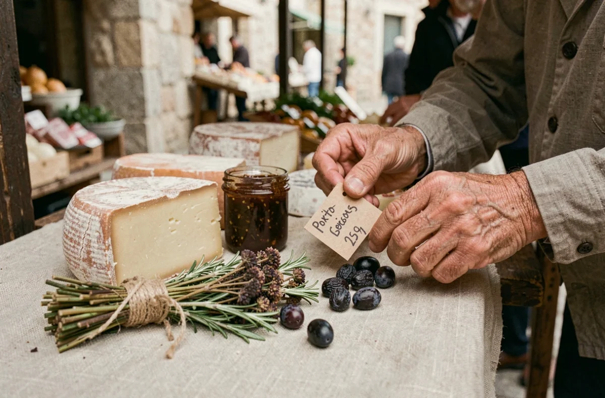 Gros plan sur des produits du terroir sarde, fromage pecorino, olives et herbes séchées, sur un étal en bois du marché de Porto Torres