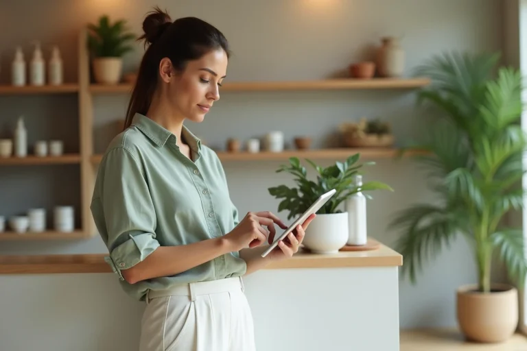 Professionnelle du bien-être consultant des dossiers de santé numériques sur une tablette dans un centre de bien-être moderne