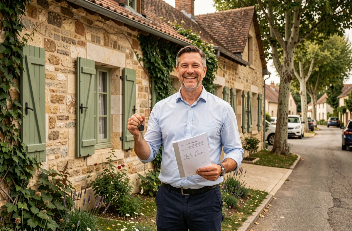 Propriétaire tenant ses clés devant sa maison en pierre française après l'obtention de son crédit immobilier