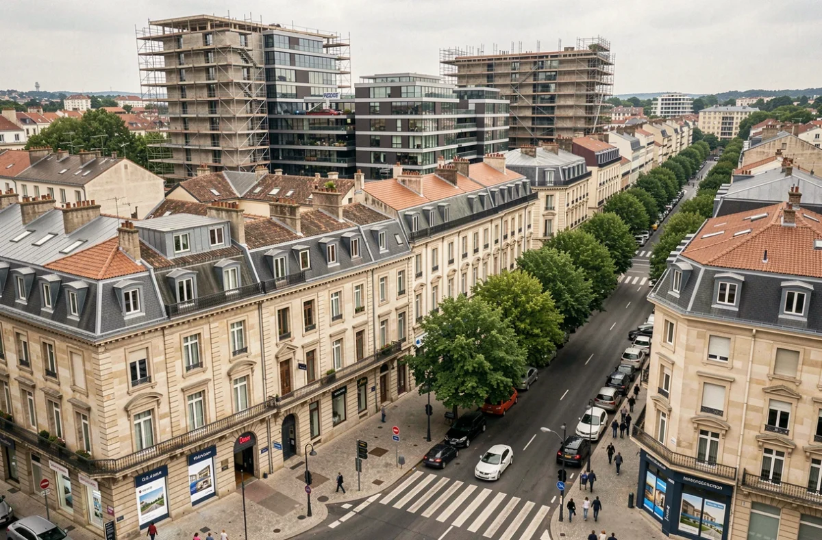 Vue large d'un quartier résidentiel lyonnais avec immeubles anciens et nouvelles constructions immobilières