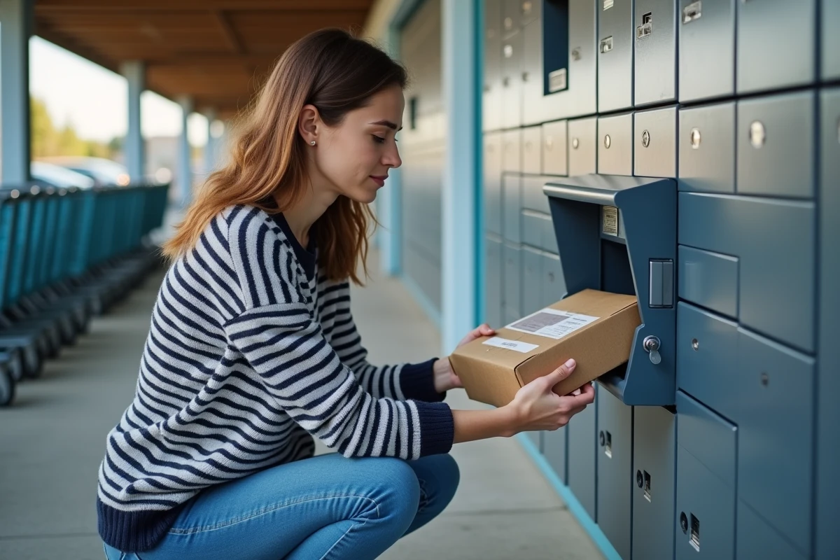 Jeune femme récupérant un colis Chronopost dans une consigne automatique devant un supermarché