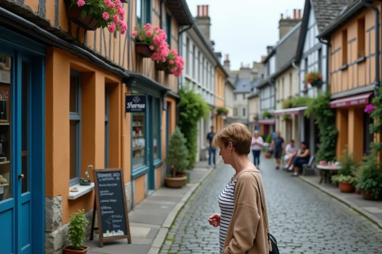 Rue pavée du centre historique de Quimper avec façades à colombages et boutique artisanale bretonne
