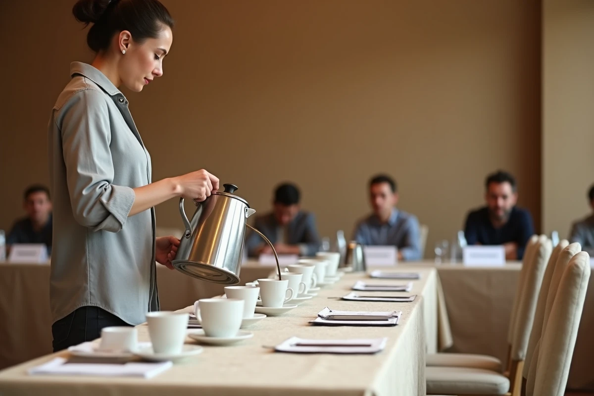 Service de café au percolateur pour un événement d'entreprise de 30 personnes avec rangée de tasses en porcelaine blanche