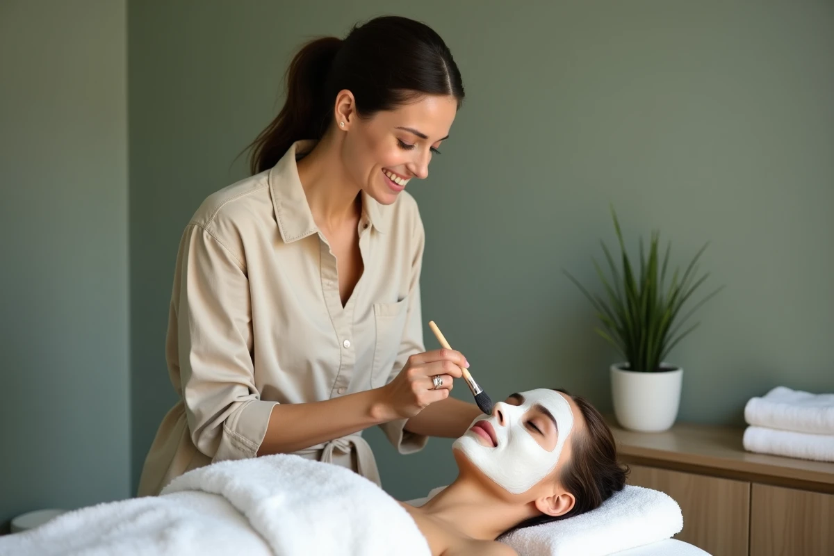 Praticienne en esthétique sans CAP appliquant un masque visage sur une cliente lors d'un soin bien-être