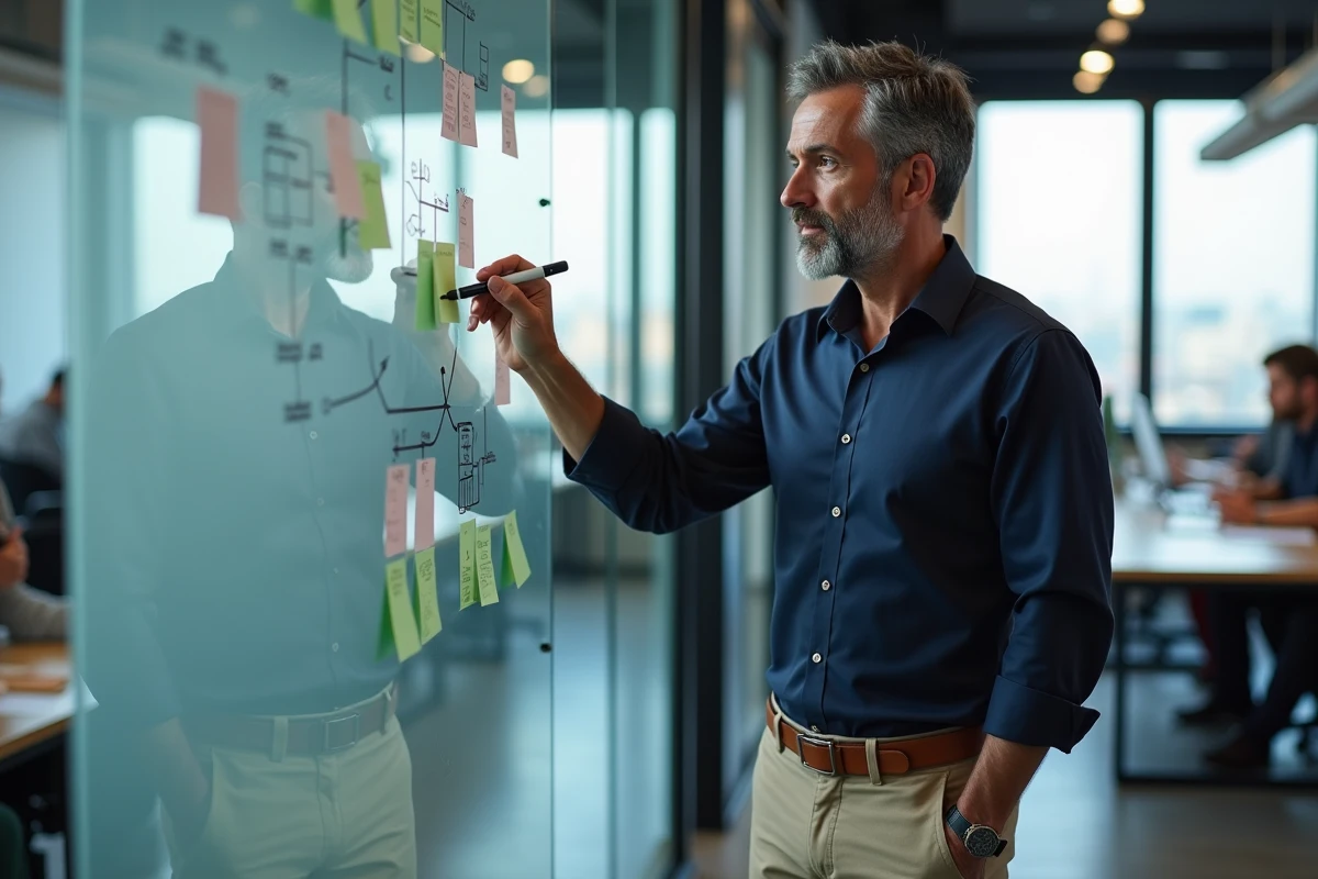 Chef de projet digital devant un tableau de planification agile avec des post-its et schémas UX dans un espace de travail collaboratif