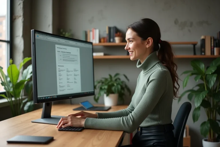 Développeuse web analysant des maquettes d'interface sur un grand écran incurvé dans un studio moderne aux murs en béton