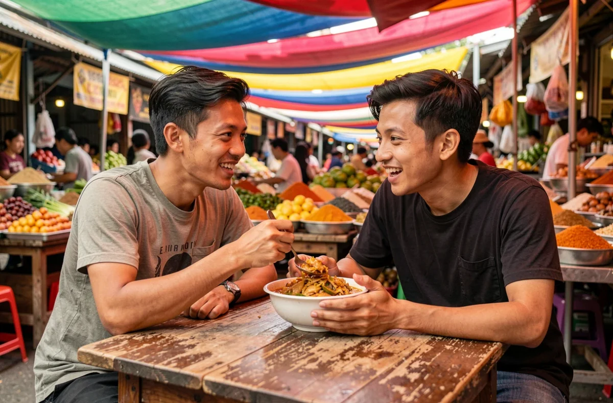 Deux voyageurs savourant de la street food locale dans un marché animé d'Asie du Sud-Est