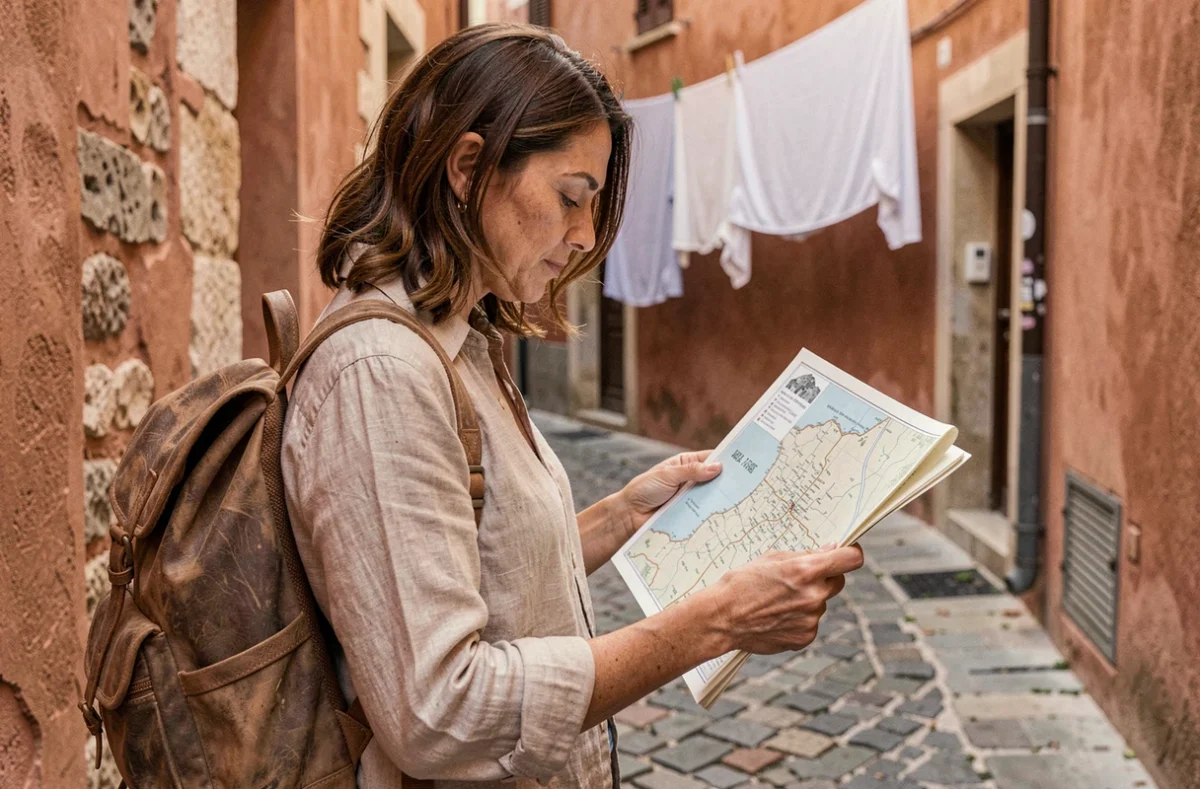 Voyageuse explorant une ruelle méditerranéenne avec une carte artisanale dans les mains