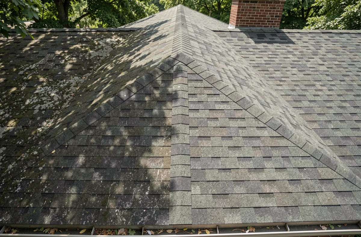 Vue aérienne d'une toiture en shingle montrant le contraste entre la partie nettoyée aux bardeaux gris propres et la partie encore tachée par les algues et la mousse