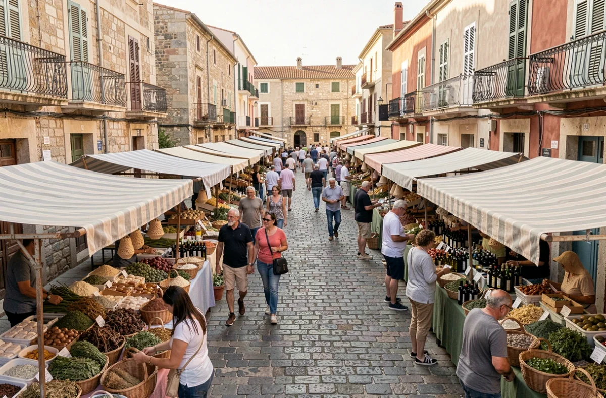 Vue panoramique du marché en plein air de Porto Torres avec ses étals de spécialités sardes et ses acheteurs sur les pavés de la place historique